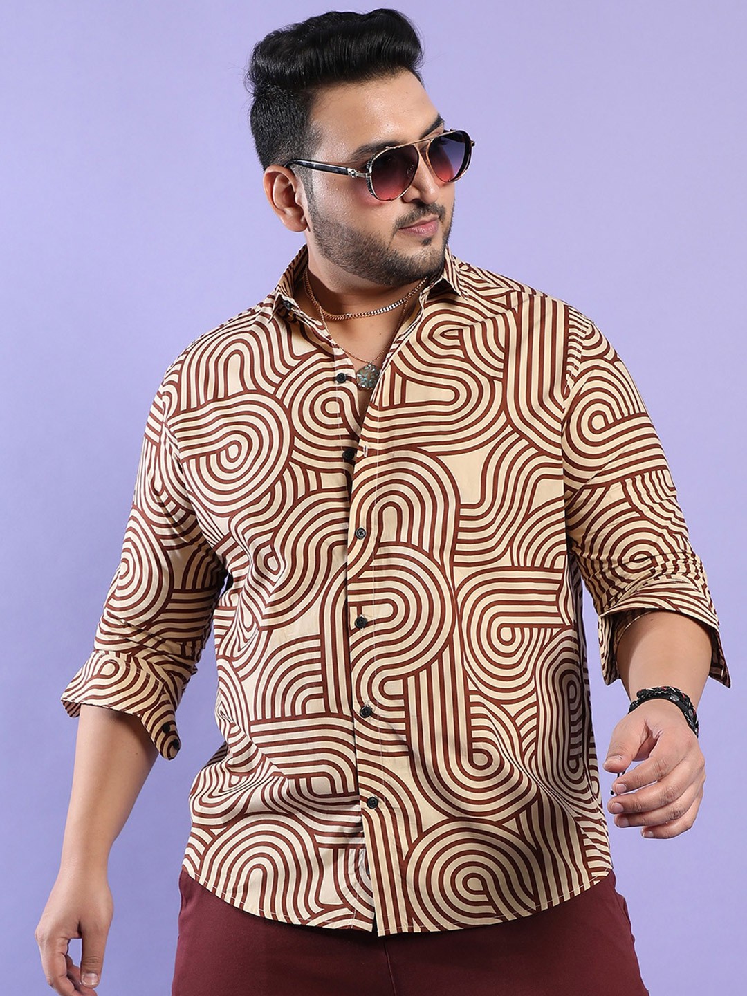 

Instafab Plus Classic Abstract Printed Spread Collar Cotton Casual Shirt, Beige