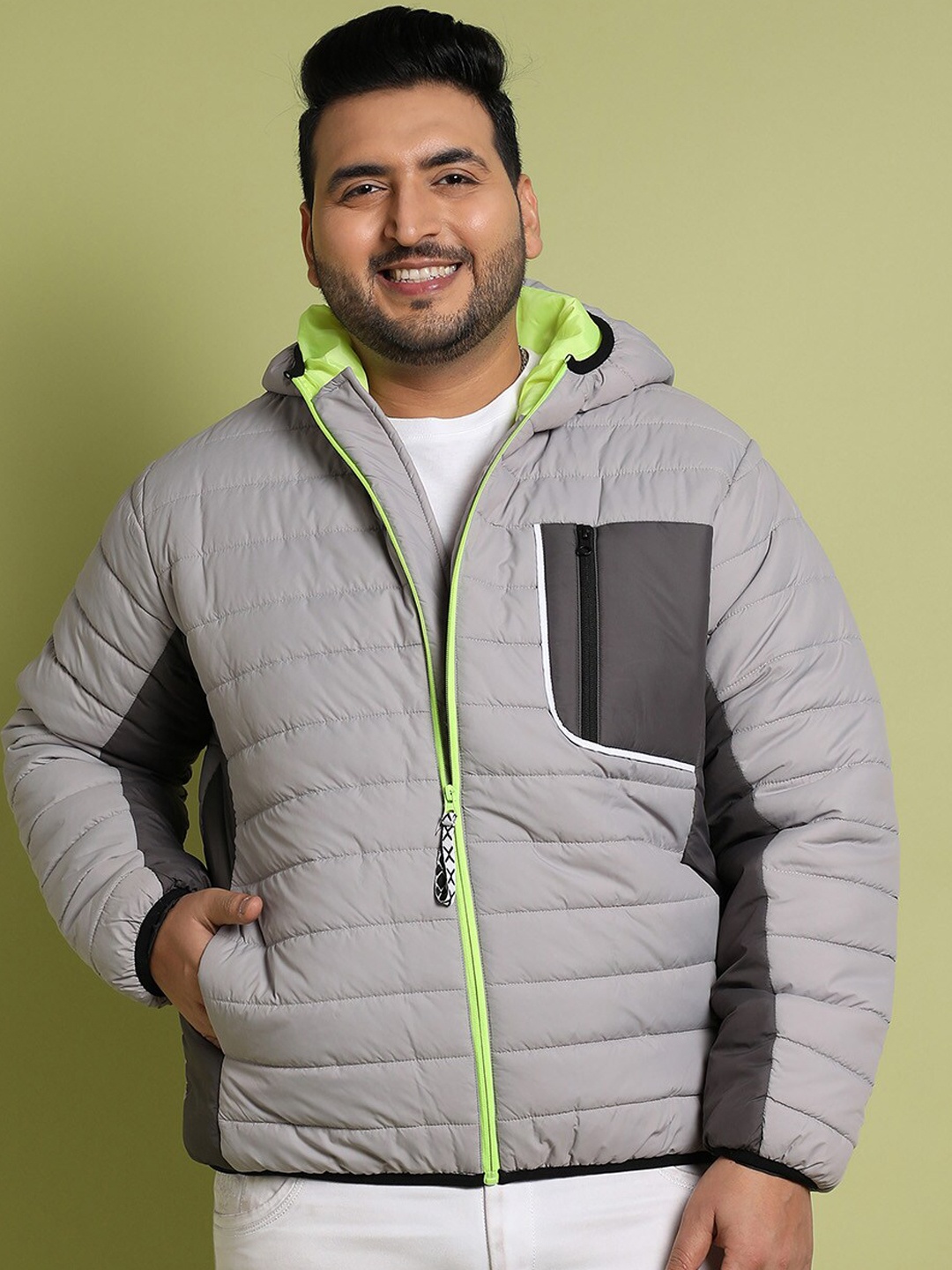

Instafab Plus Hooded Puffer Jacket With Contrast Zipper, Grey