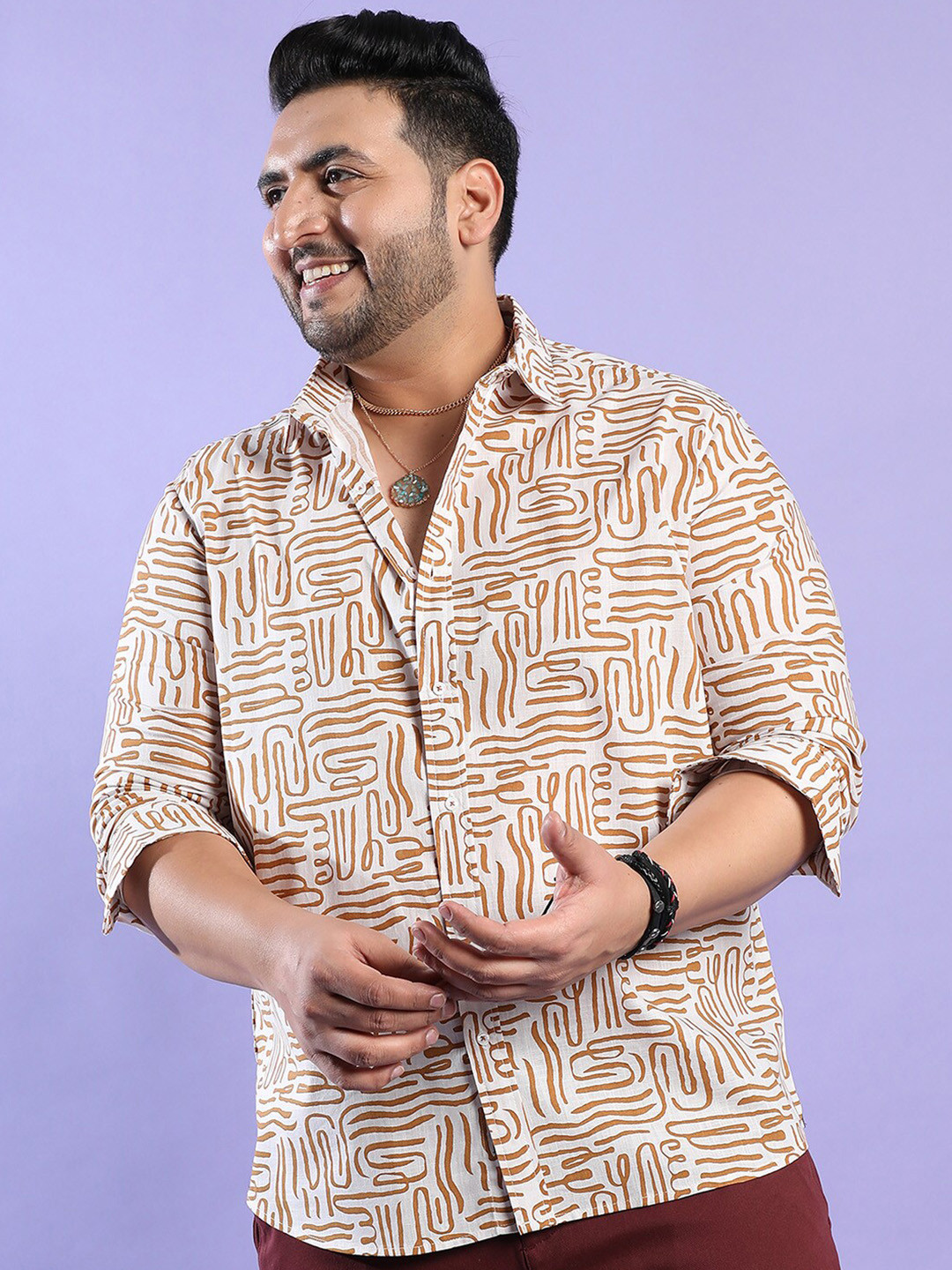 

Instafab Plus Men Plus Size Classic Abstract Printed Casual Cotton Shirt, Brown