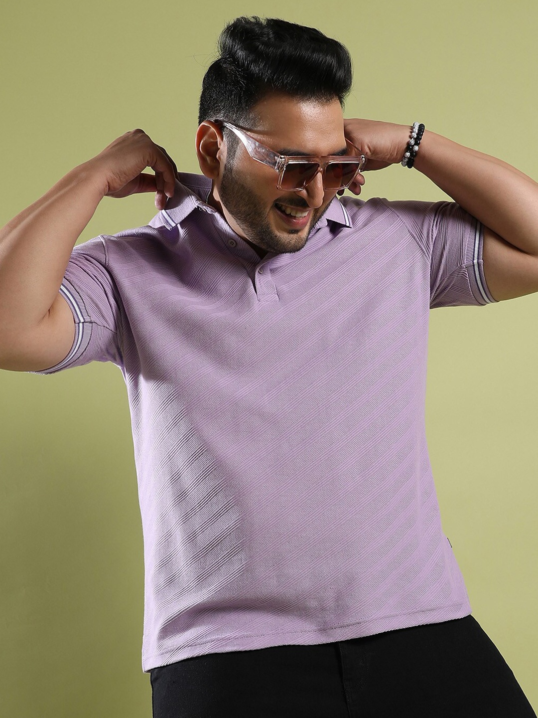 

Instafab Plus Self Design Polo Collar Cotton T-shirt, Lavender