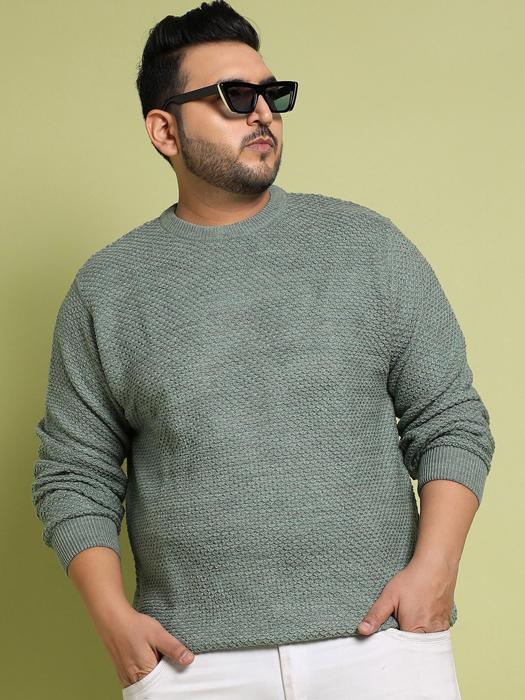 

Instafab Plus Self Design Cable Knit Woollen Pullover, Olive