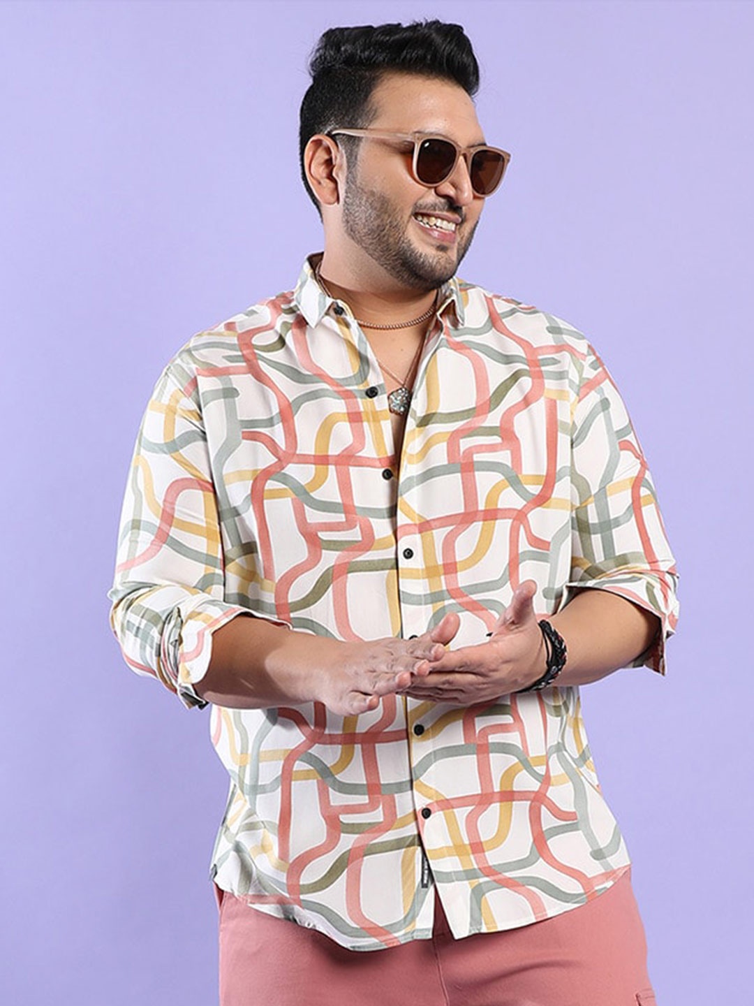 

Instafab Plus Classic Abstract Printed Spread Collar Cotton Casual Shirt, Off white