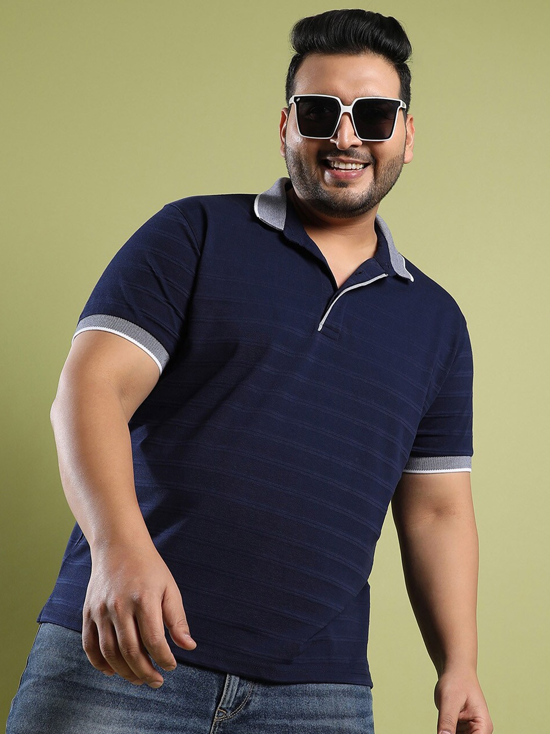 

Instafab Plus Size Striped Cotton Polo Collar T-shirt, Blue