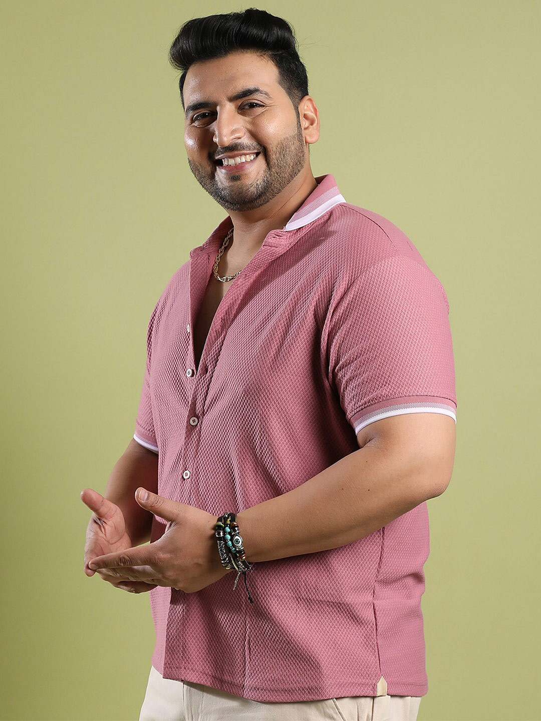 

Instafab Plus Mandarin Collar Cotton Casual Shirt, Pink