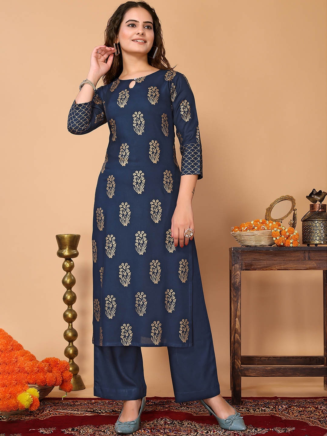 

HERE&NOW Ethnic Motif Printed Straight Kurta with Trousers, Teal