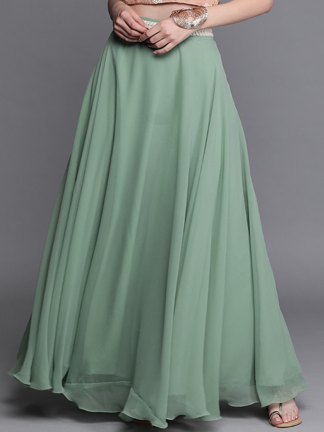 

Ethnovog Embellished Waistband Georgette Flared Maxi Skirt, Sea green