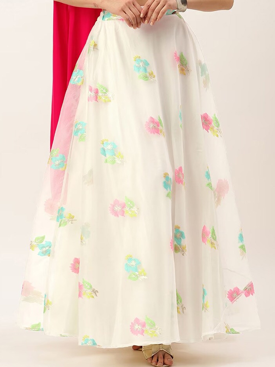 

Ethnovog Floral Printed Organza Flared Maxi Skirt, Off white