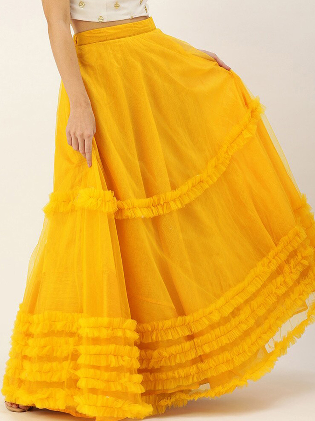 

Ethnovog Ruffled Net Flared Maxi Skirt, Yellow