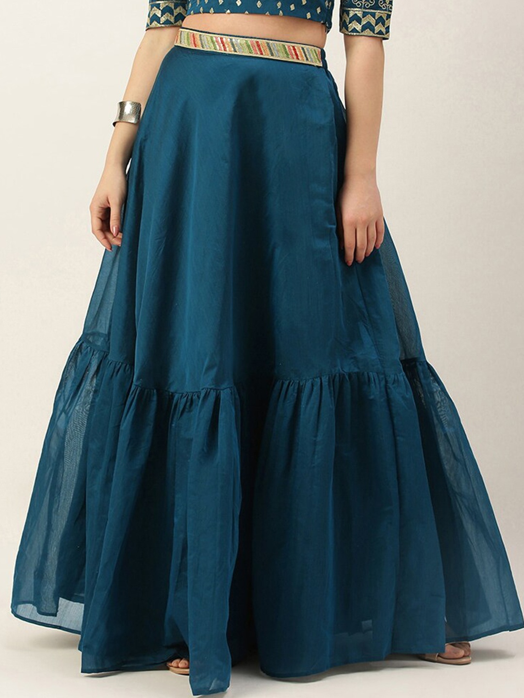 

Ethnovog Chanderi Silk Tiered Maxi Skirt, Teal