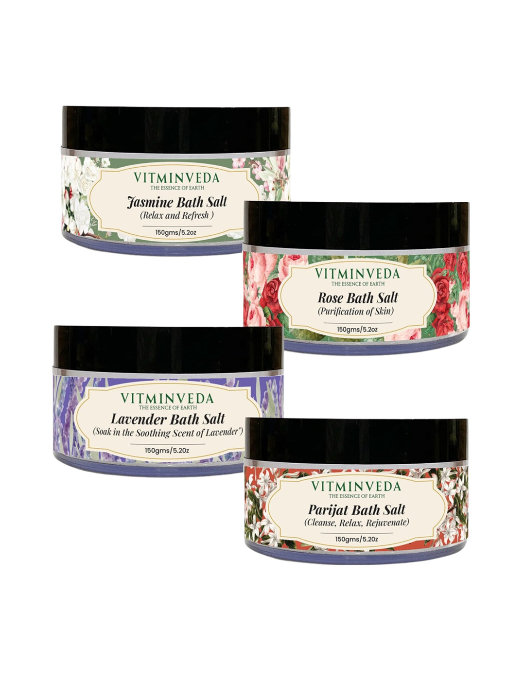 

VITMINVEDA Set of 4 Natural Bath Salt 150 g each - Lavender + Parijat + Rose + Jasmine, Multi