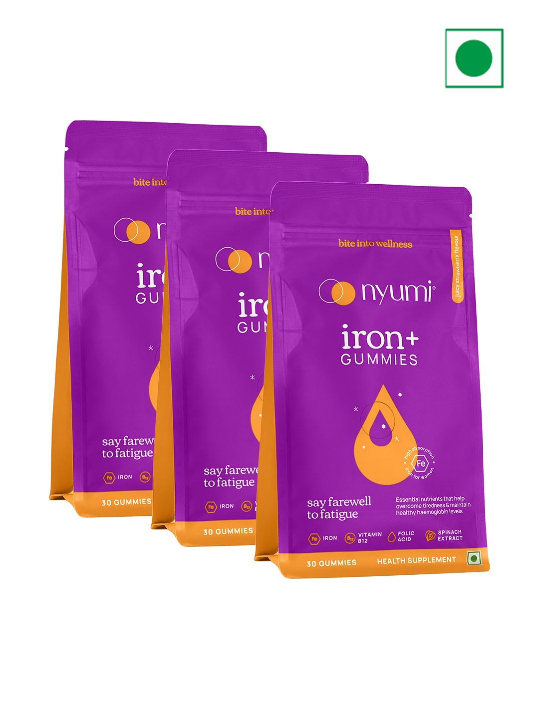 

NYUMI Set of 3 Iron+ Gummies To Reduce Tiredness and Fight Anemia - 30 Gummies Each, Purple