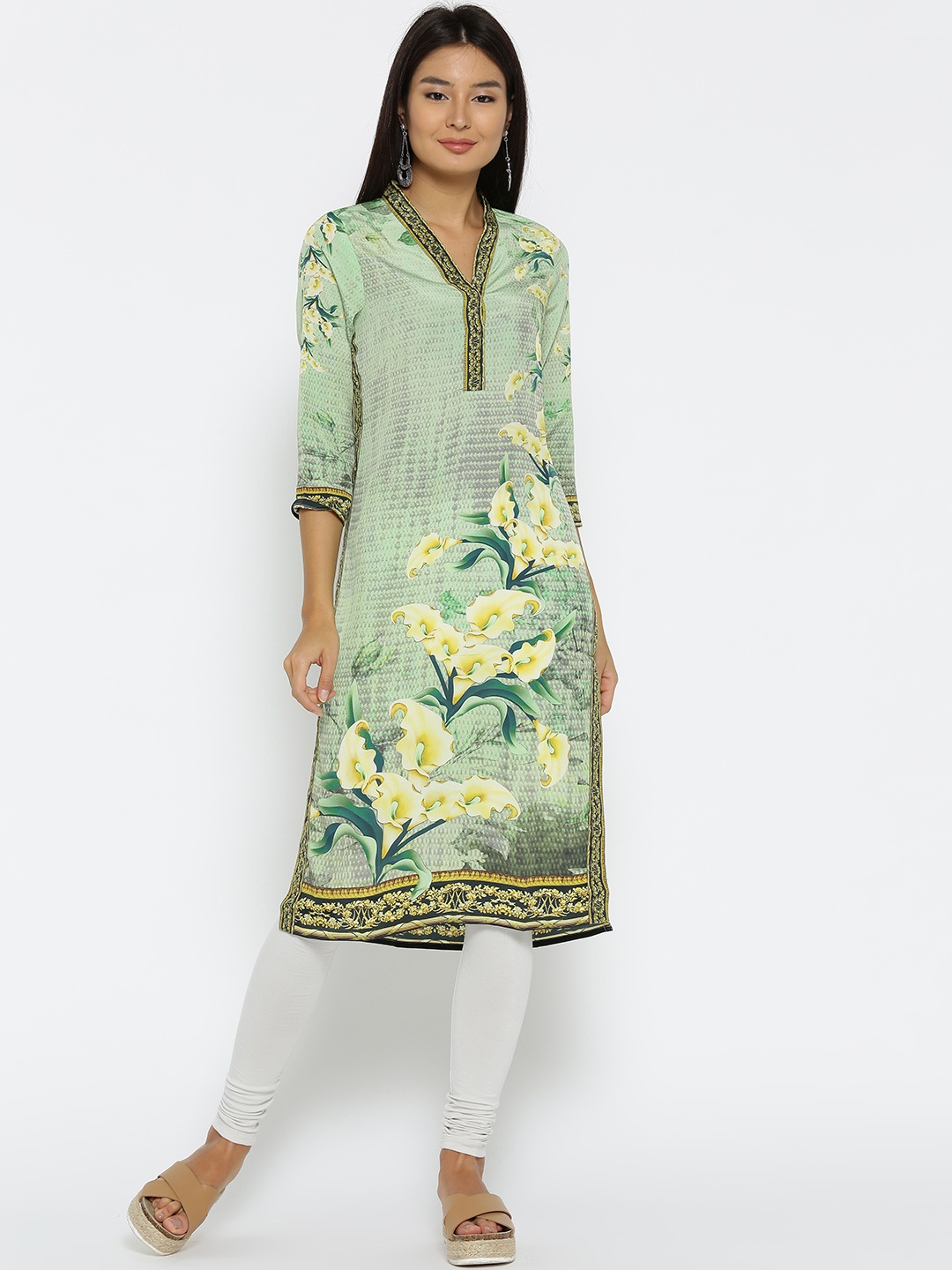 

Fusion Beats Women Green & Yellow Printed Straight Kurta