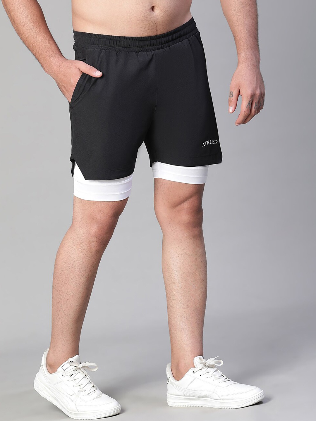 

ATHLISIS e-Dry Technology Mid-Rise Slim Fit Sports Shorts, Black
