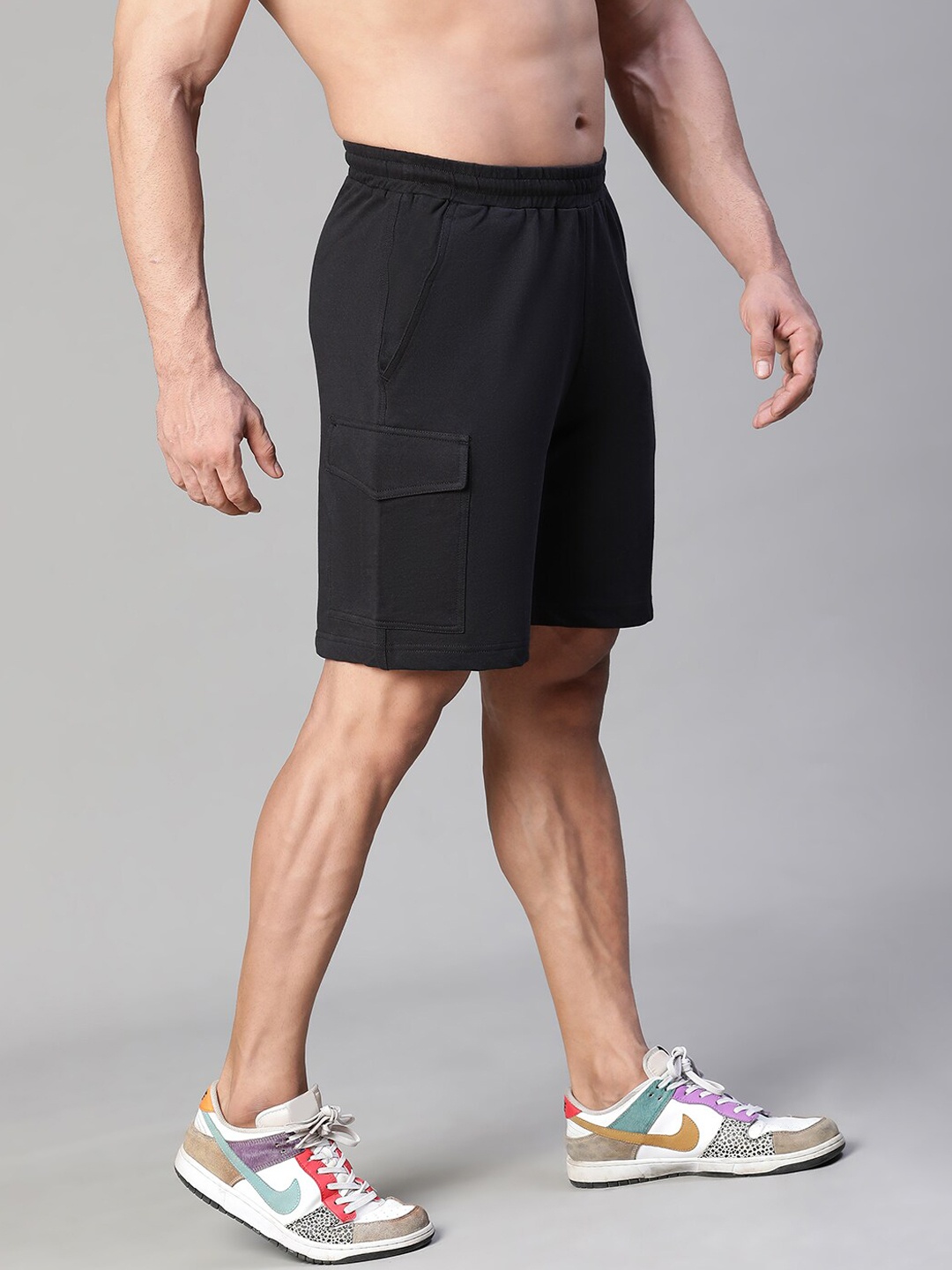 

ATHLISIS Mid-Rise Loose Fit Cotton Sports Shorts, Black