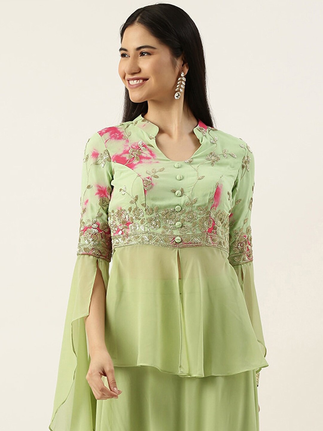 

Ethnovog Sequin Embroidered Peplum Saree Blouse, Green