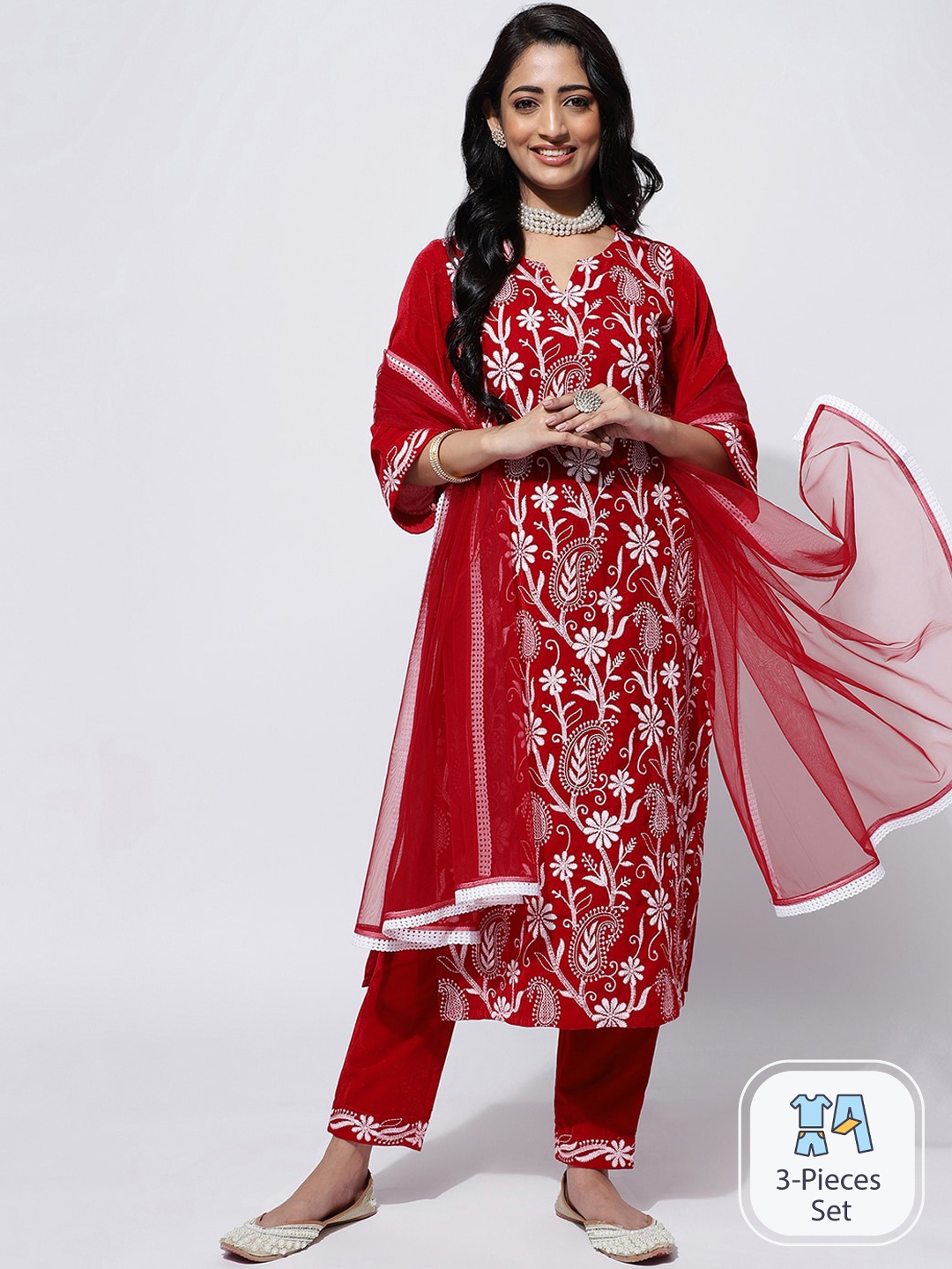 

KALINI Floral Embroidered Velvet Kurta With Trousers & Dupatta, Red
