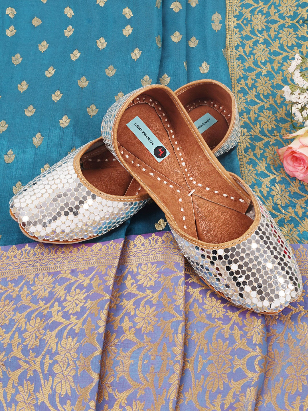 

PehnawaCraft Square Toe Ethnic Mirror Embellished Leather Mojaris, Silver