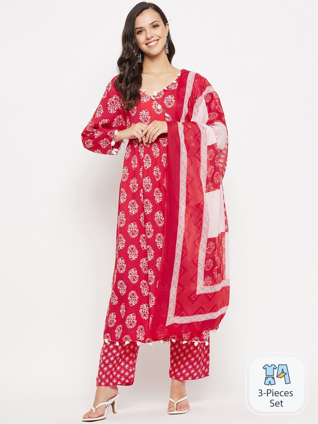 

Imfashini Floral Printed Angrakha Pure Cotton Kurta & Trousers With Dupatta, Red