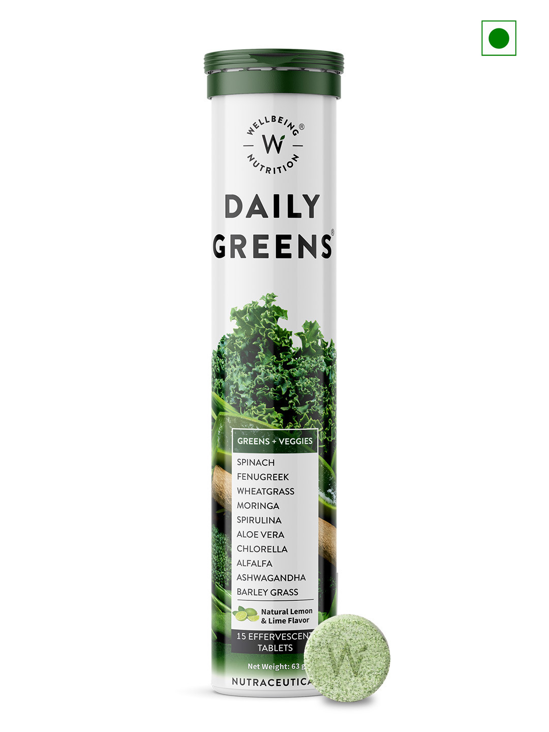 

Wellbeing Nutrition Daily Greens Wholefood Multivitamin - 15 Effervescent Tablets, Green