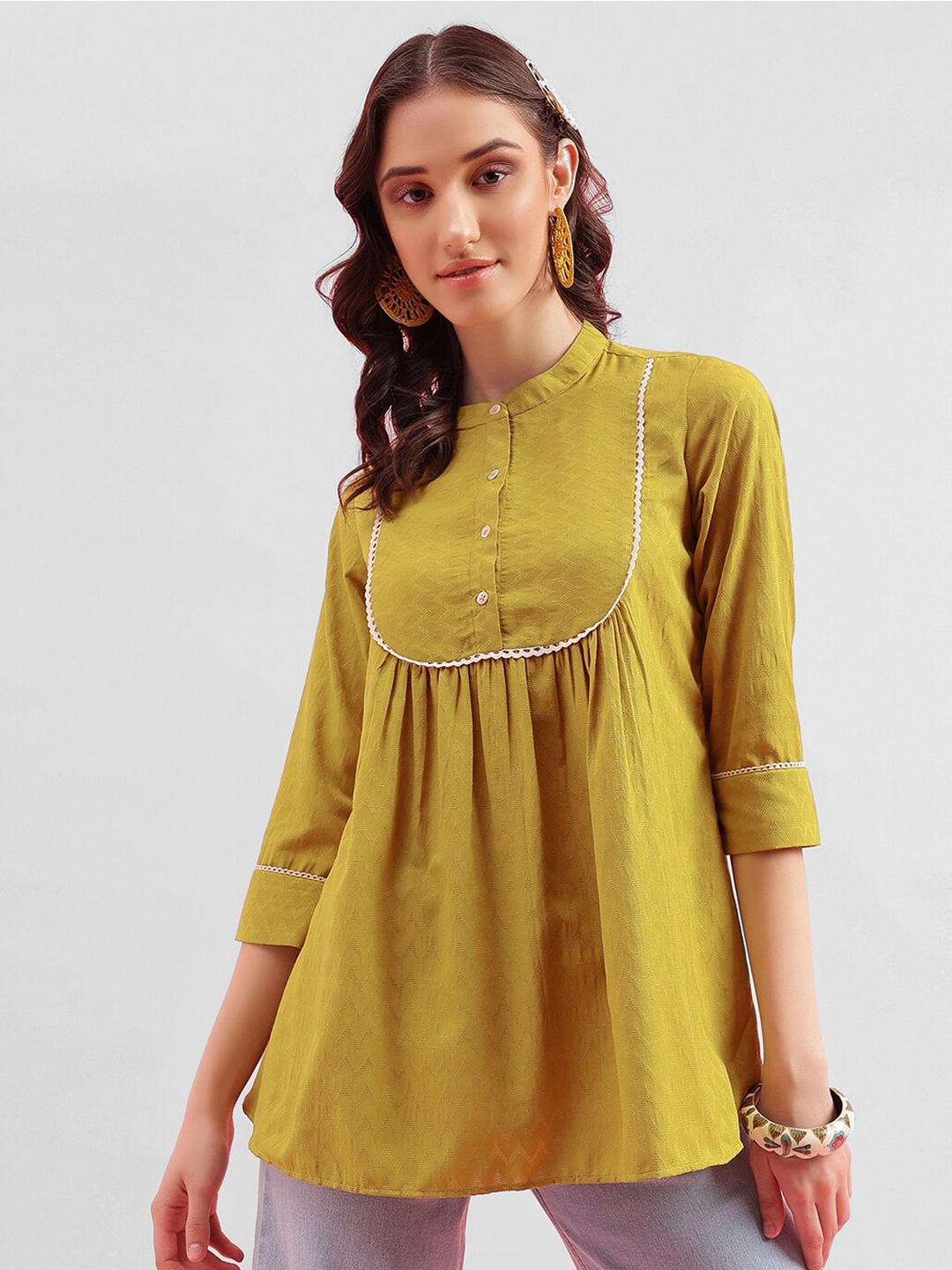 

KALINI Self Design Mandarin Collar Lace Inserts Longline Top, Yellow