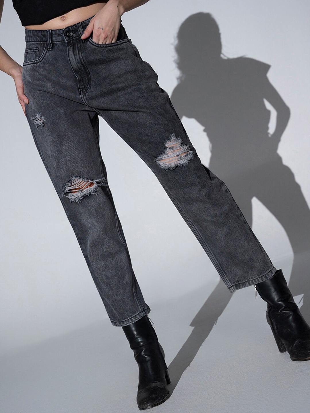 

Hubberholme Women Mom Fit High-Rise Highly Distressed Non-Strechable Jeans, Grey