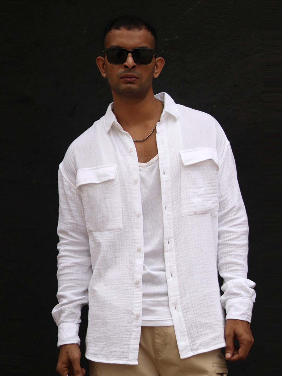 

Powerlook White India Slim Oversized Textured Opaque Casual Shirt