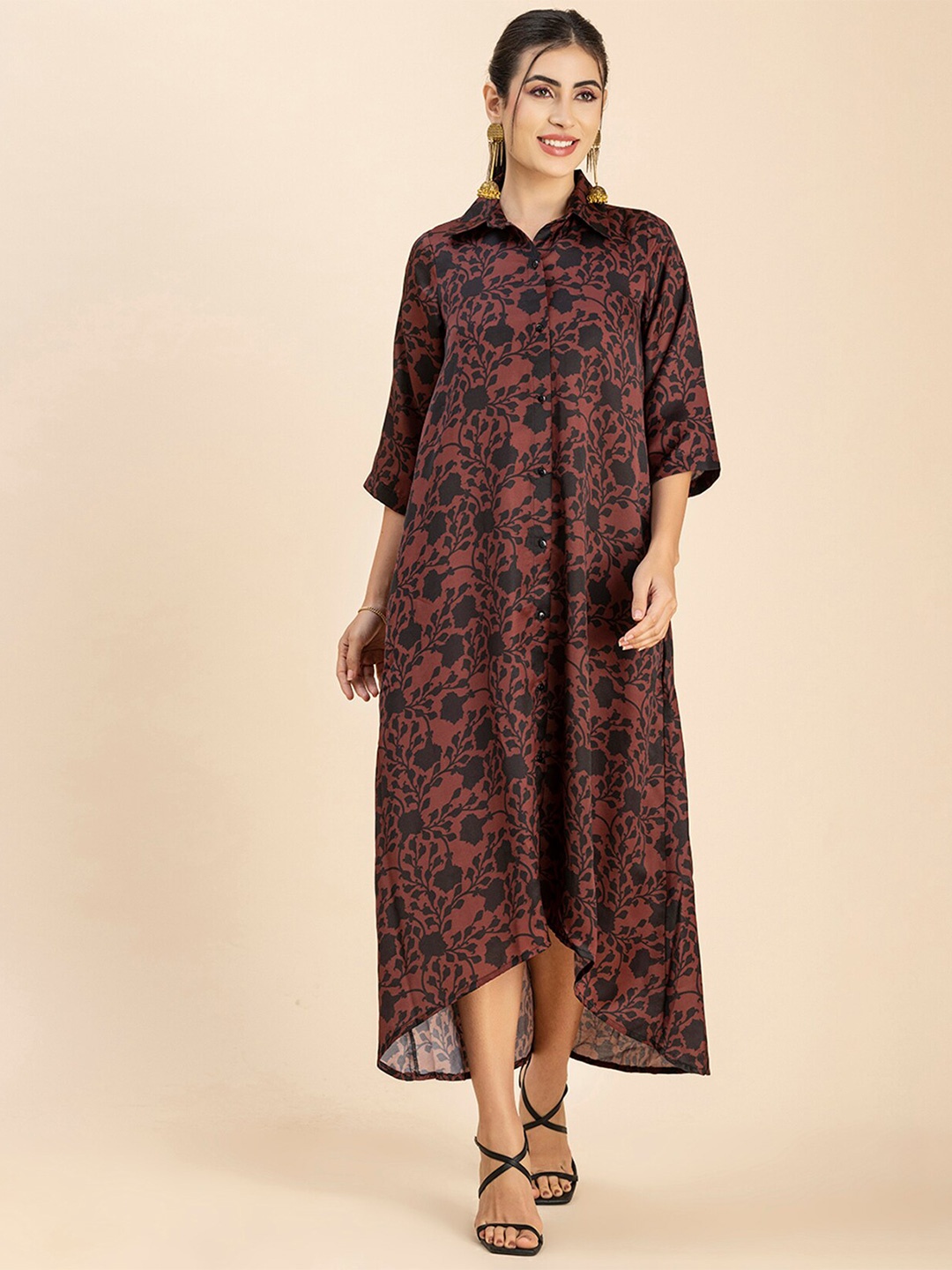 

Moomaya Floral Printed Shirt Collar Satin Shirt Midi Dress, Brown