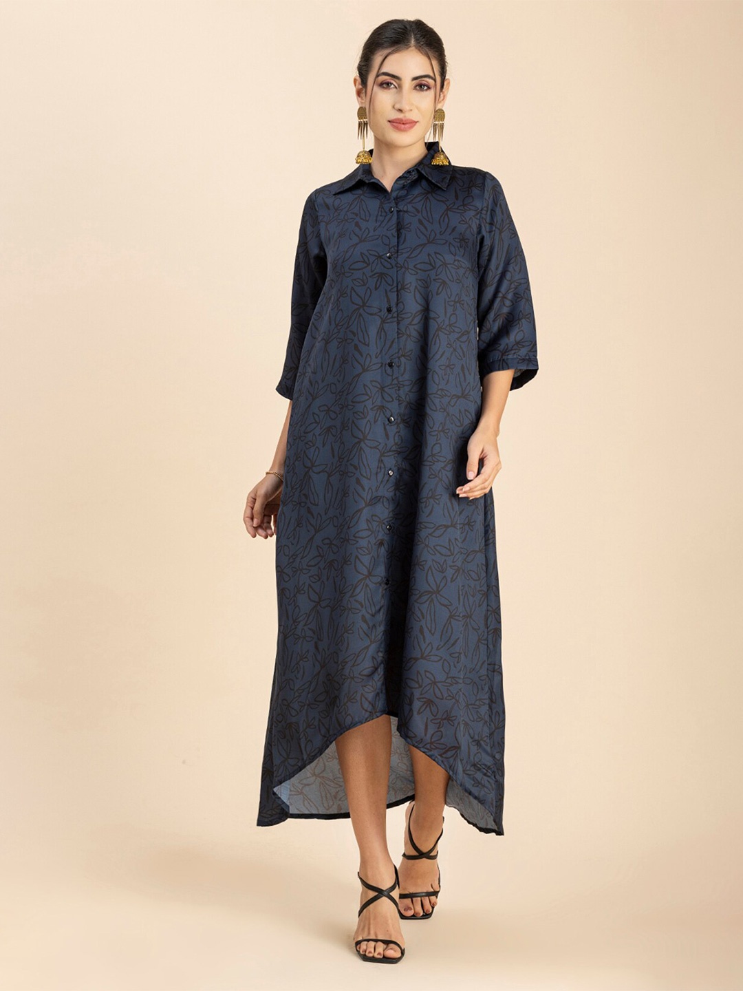 

Moomaya Floral Printed High-Low Hem Shirt Maxi Dress, Blue