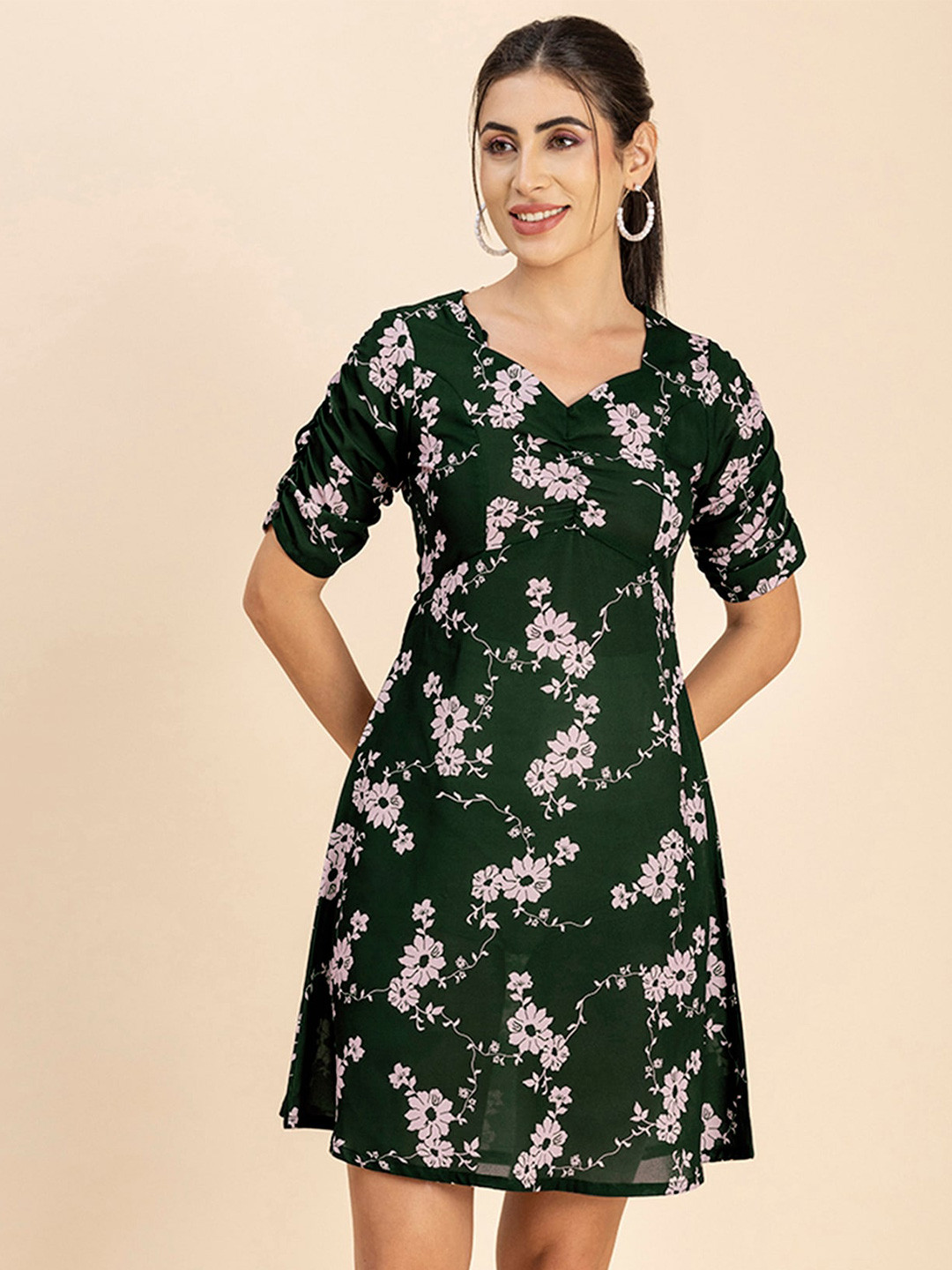 

Moomaya Floral Printed V-Neck Gathered Detailed A-Line Dress, Green
