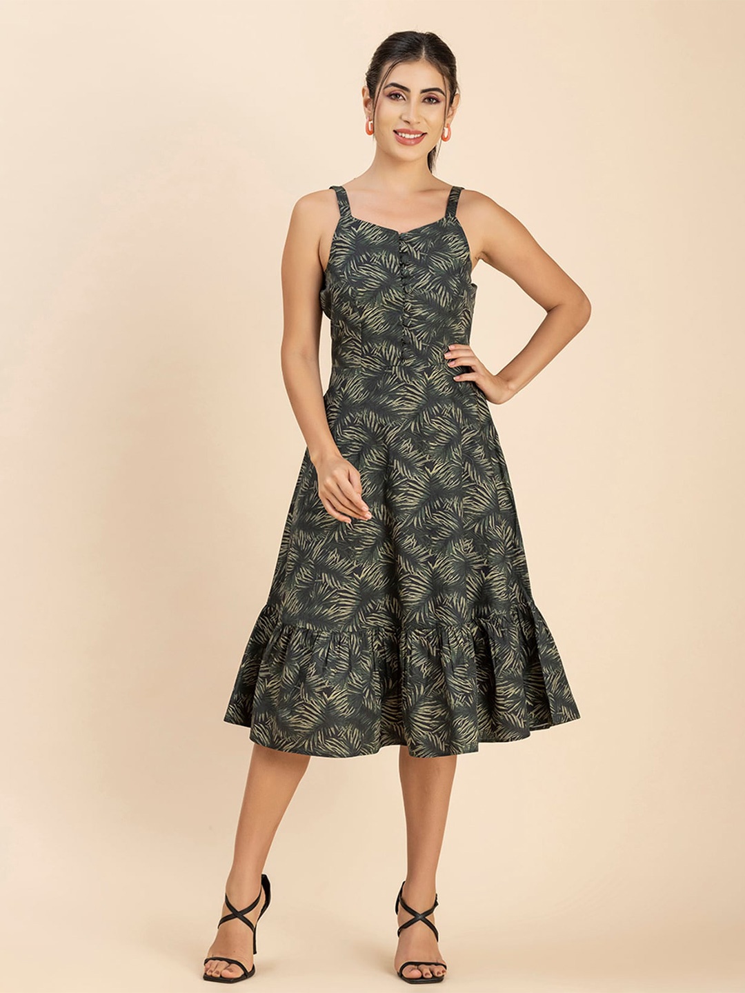 

Moomaya Floral Printed Shoulder Straps Flounce Hem A-Line Midi Cotton Dress, Green