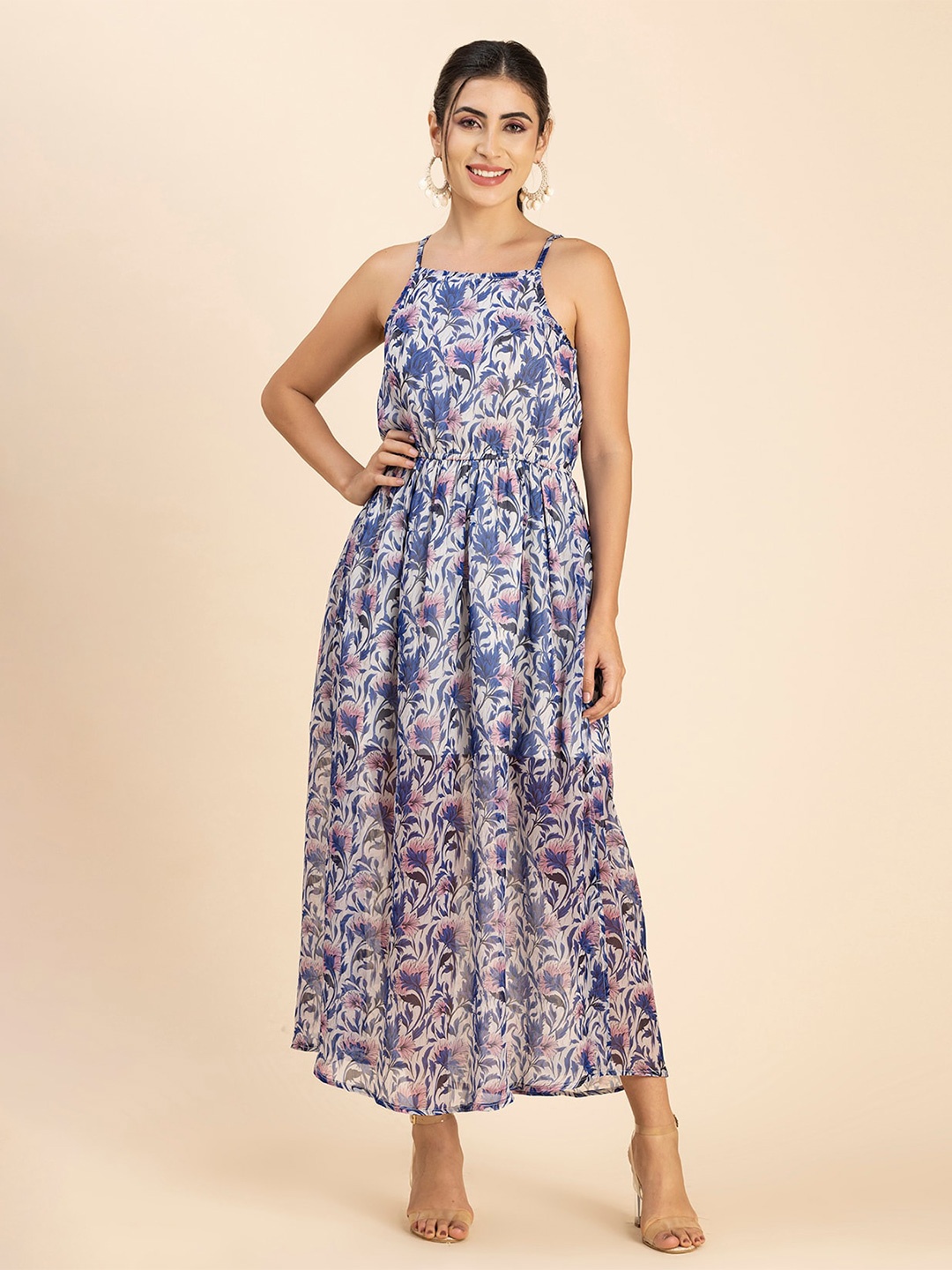 

Moomaya Floral Printed Gathered Detailed A-Line Midi Dress, White