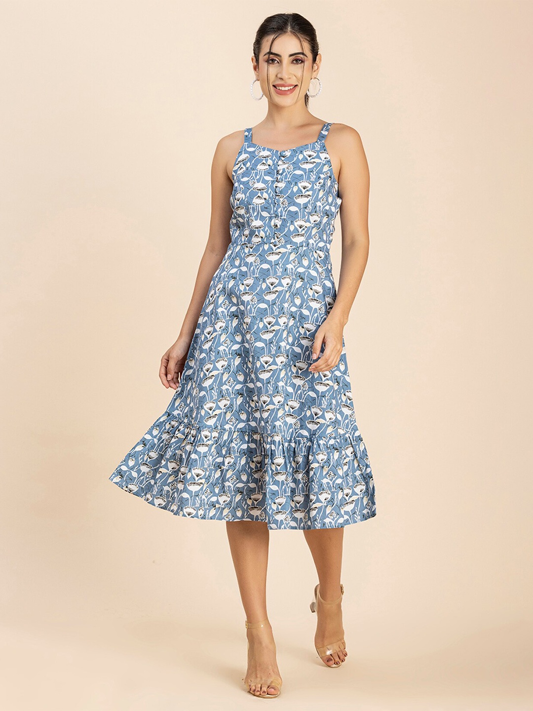 

Moomaya Floral Printed Gathered Detailed Cotton A-Line Midi Dress, Blue