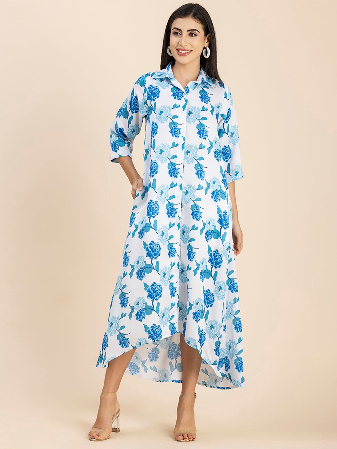 

Moomaya Floral Printed Shirt Collar Satin Shirt Style Midi Dress, White