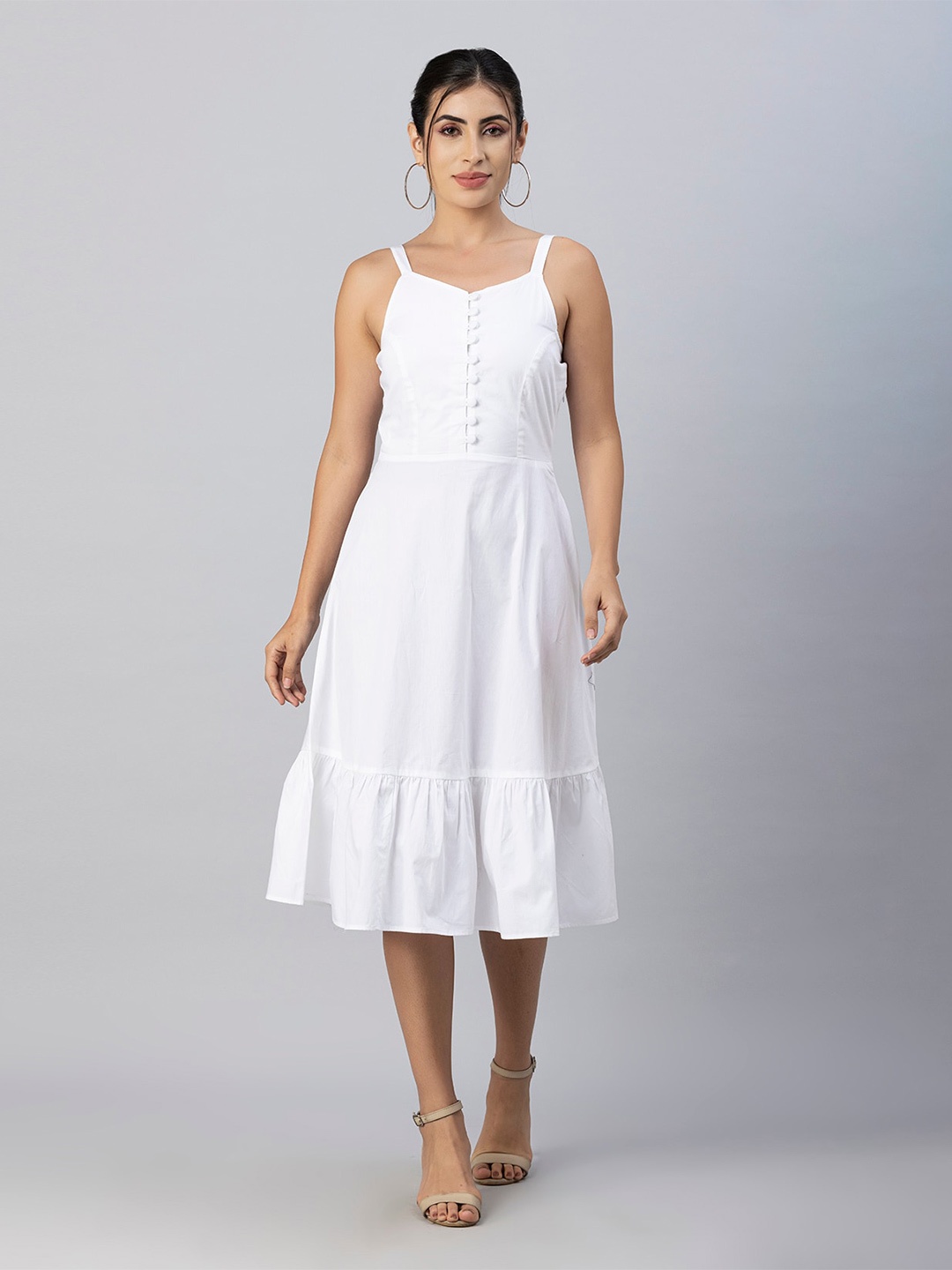 

Moomaya Shoulder Straps Gathered Detailed Cotton A-Line Dress, White
