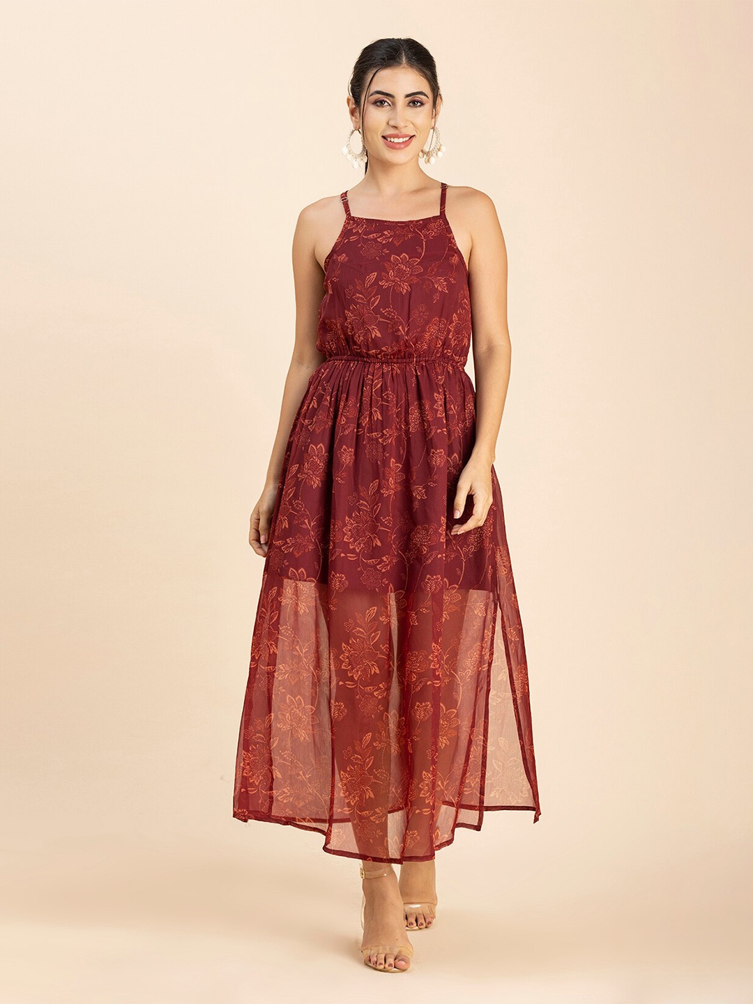 

Moomaya Magenta Floral Printed Shoulder Straps A-Line Midi Dress