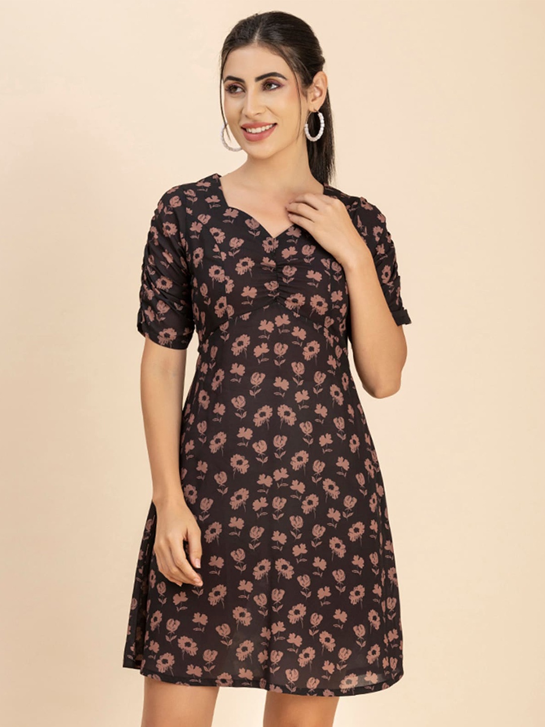 

Moomaya Floral Printed Sweetheart Neck A-Line Dress, Black