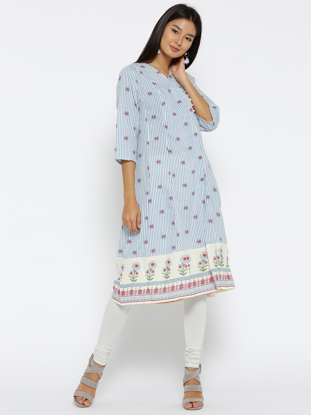 

Fusion Beats Women Blue & Off-White Striped A-Line Kurta