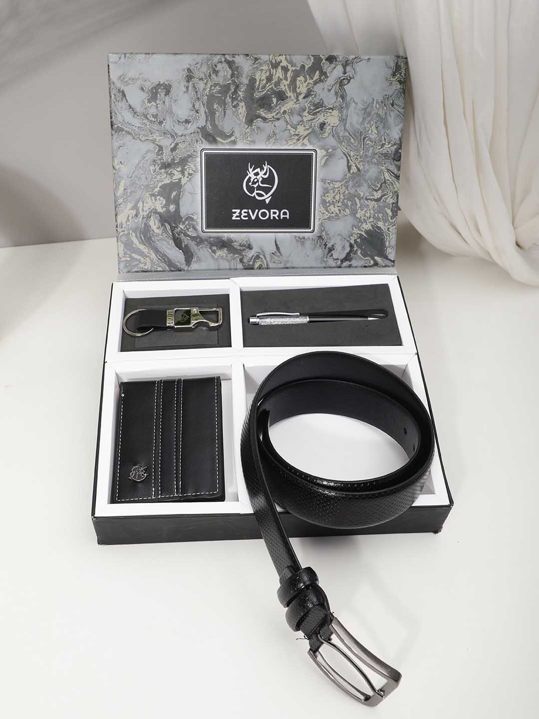 

ZEVORA Men Leather Belt, Wallet, Keychain and Pen Gift Set, Black