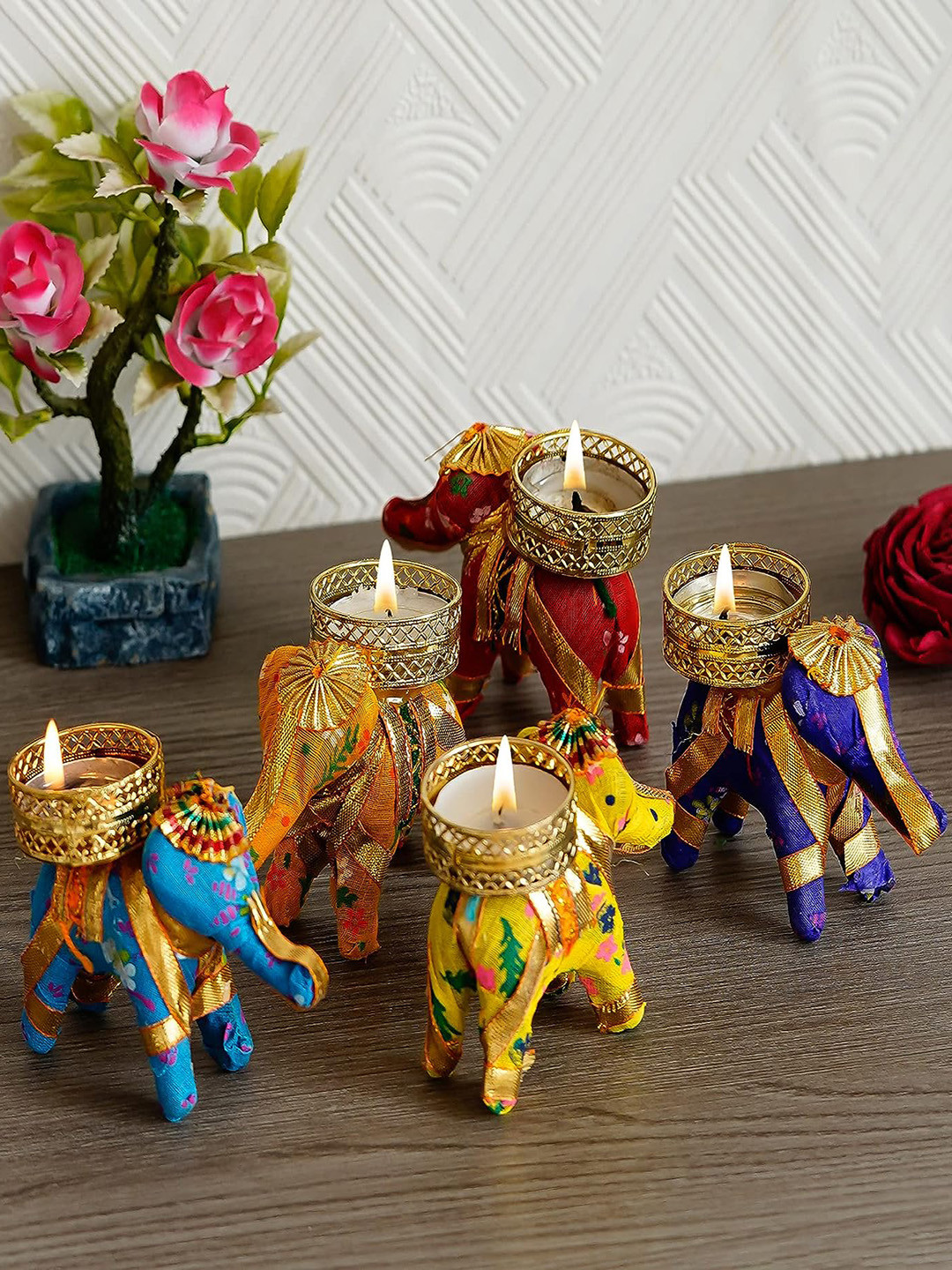 

Divyakosh Blue & Yellow 5-Pieces Elephant Candle Holders With Candle Wax