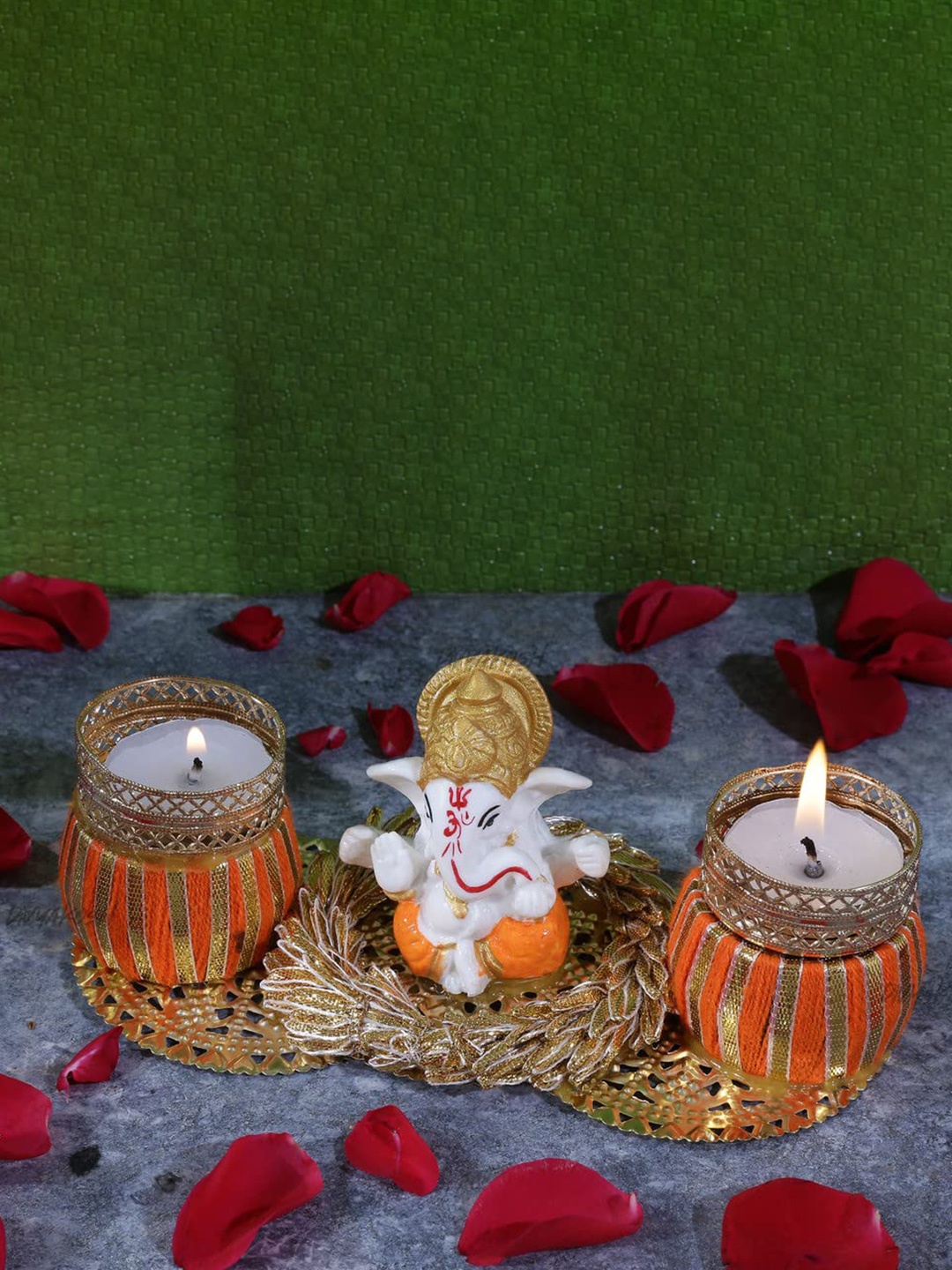 

Divyakosh Orange 4-Pieces Textured Ganesh Tealight Holders With Candle Wax, Gold