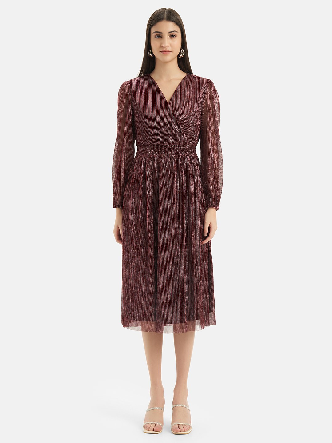 

Kazo Self Design Puff Sleeves Wrap Dress, Pink