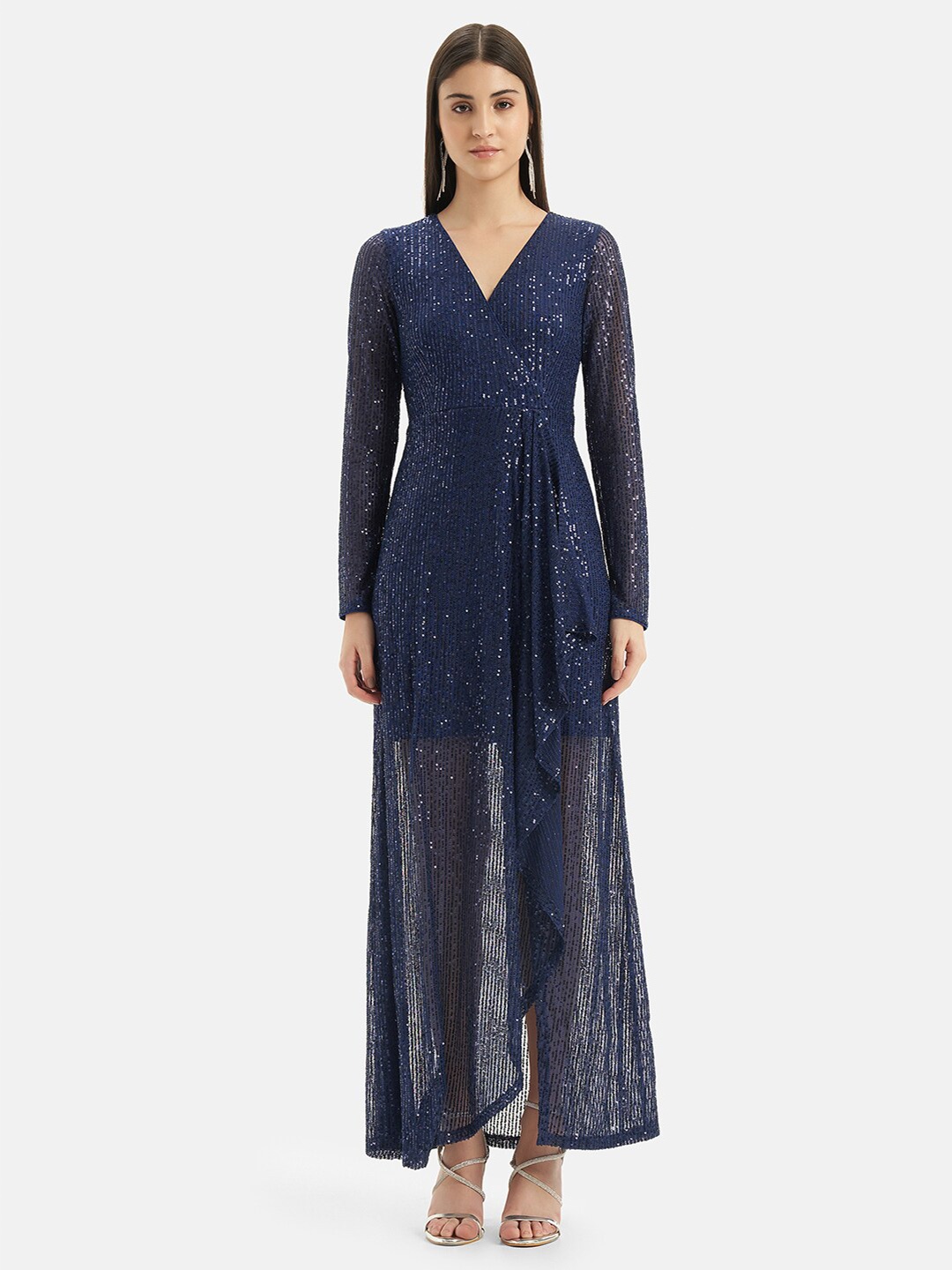 

Kazo Embellished Sequinned Ruffles Chiffon Maxi Dress, Navy blue