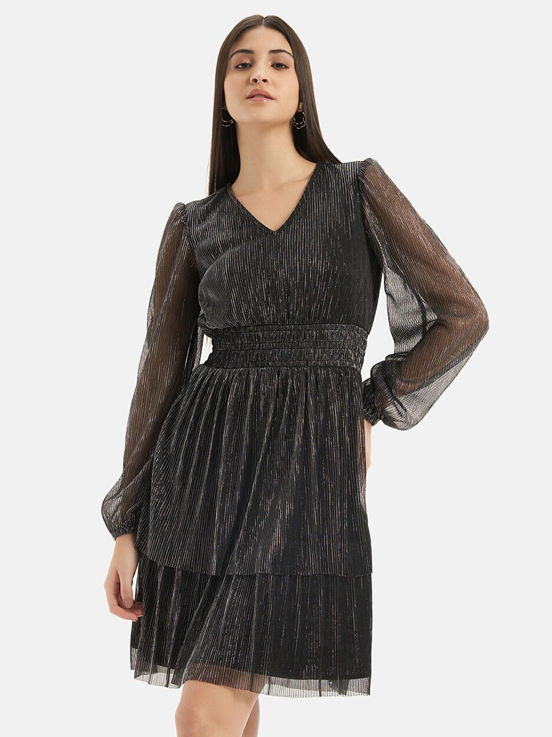 

Kazo Embellished Puffed Sleeves Empire Dress, Black