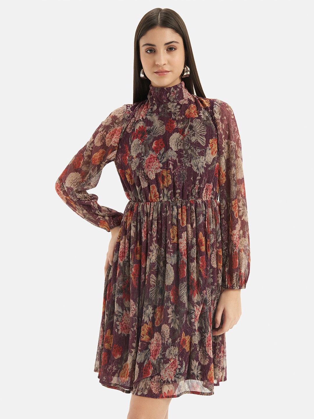 

Kazo Floral Printed Puff Sleeve Gathered Or Pleated A Line Dress, Burgundy