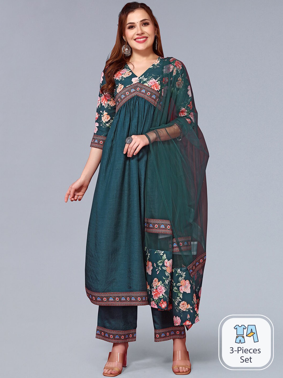 

SKYLEE Floral Printed Empire Kurta & Trousers With Dupatta, Teal