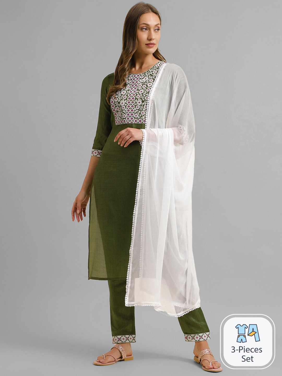 

SKYLEE Floral Embroidered Regular Sraight Kurta & Trousers With Dupatta, Green