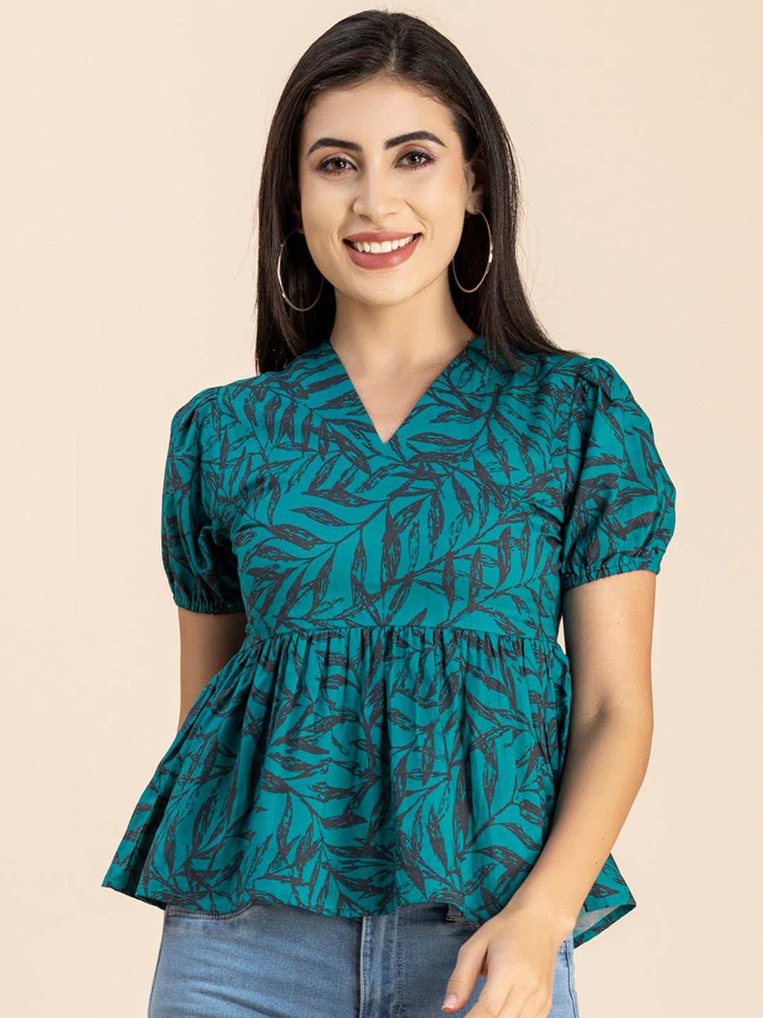 

Moomaya Floral Printed Puff Sleeves Gathered Cotton Peplum Top, Green