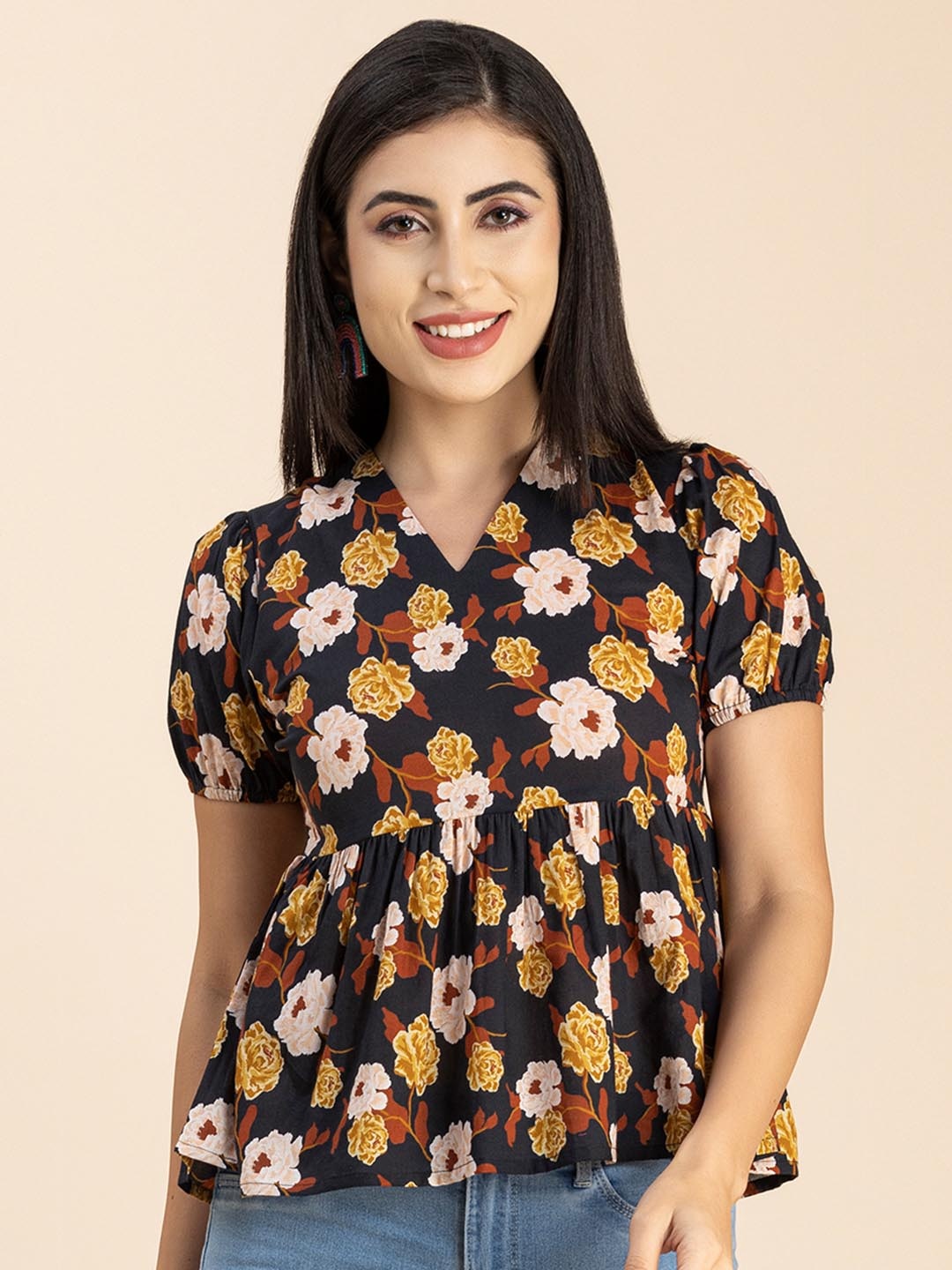 

Moomaya Floral Printed Mandarin Collar Puff Sleeve Cotton Peplum Top, Black