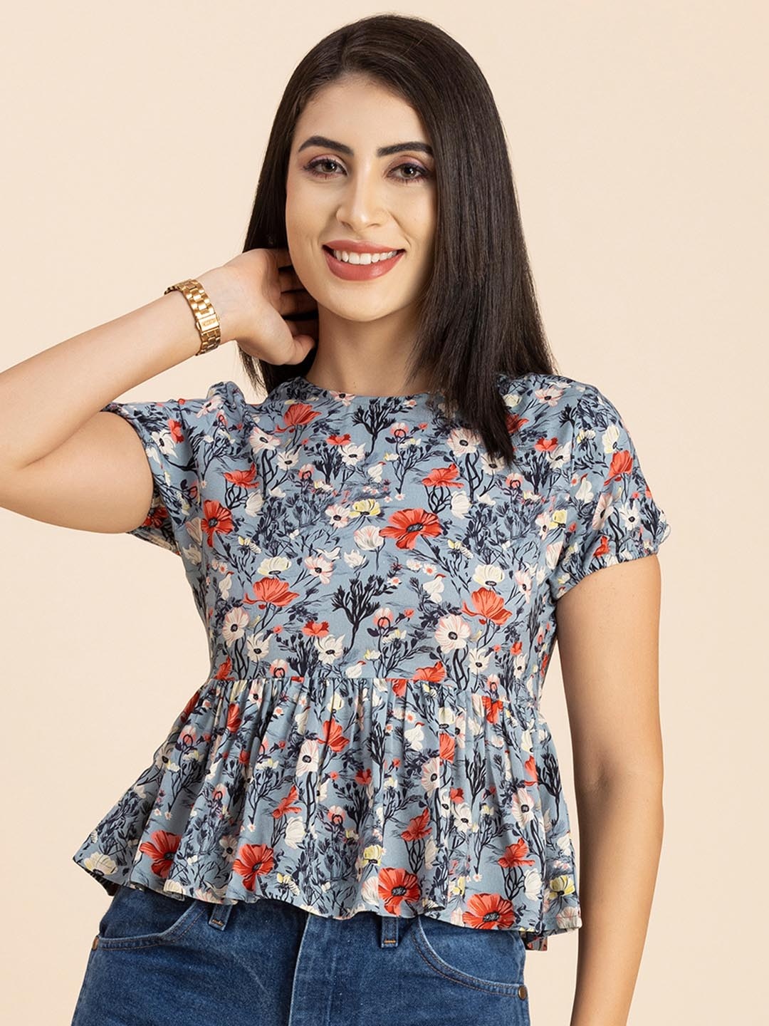 

Moomaya Floral Printed Peplum Top, Grey