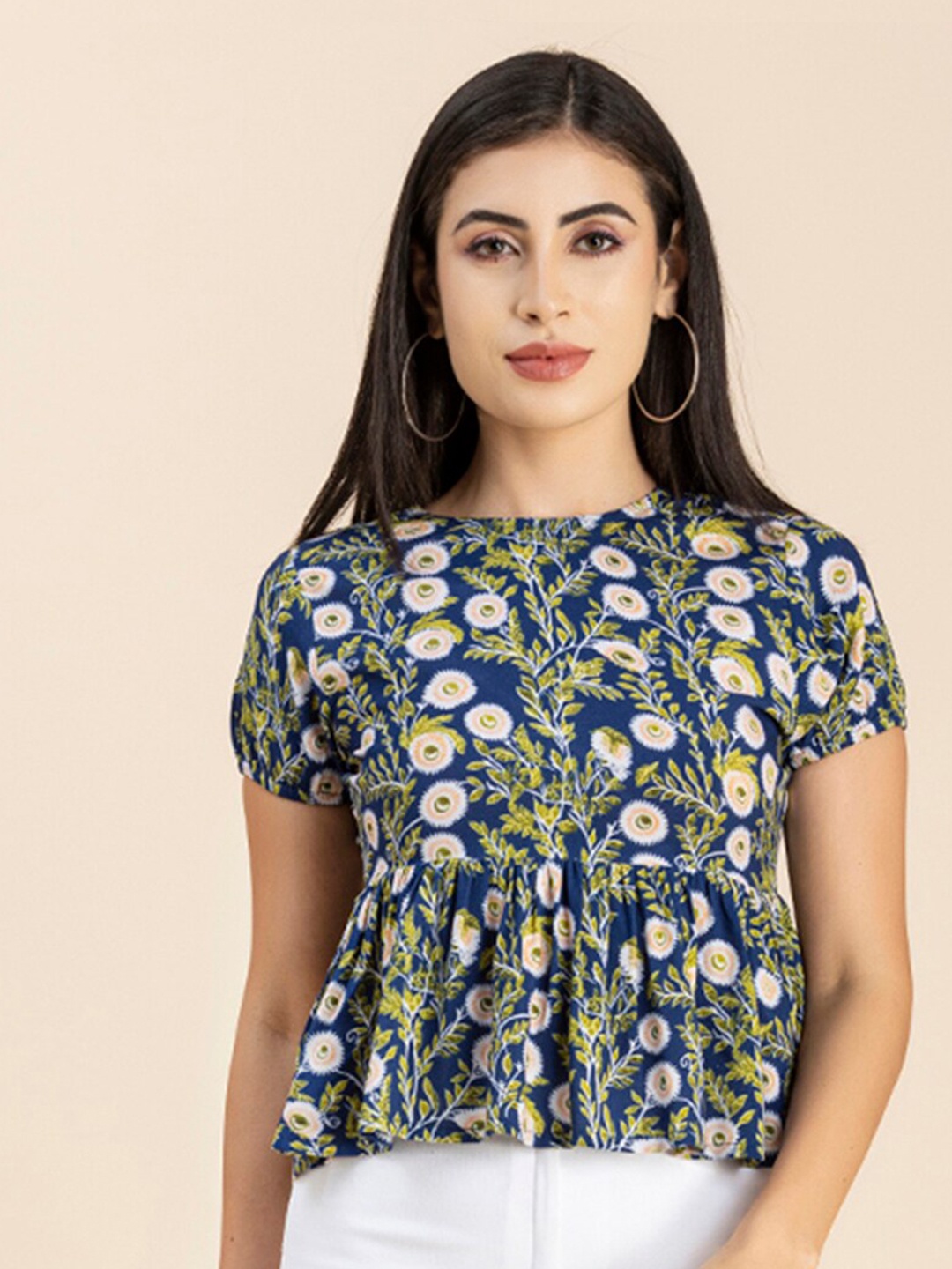 

Moomaya Floral Printed Round Neck Peplum Top, Blue